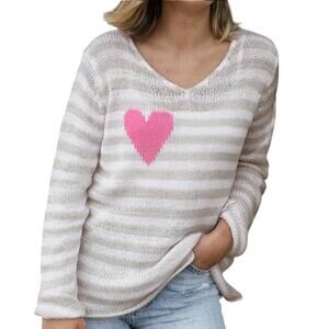 Wooden Ships Tan Striped Eloise Pink Heart Cotton Pullover Sweater